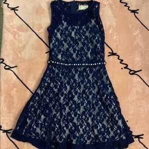 btween Navy Lace Kids Dress with Pearl Detail